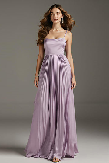 Light Purple A Line Pleated Satin Long Evening Dress